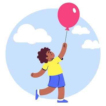 A small child with curly brown hair is reaching up with both hands to grasp a colorful balloon. The balloon is bright red and has a shiny surface. It is being pulled upwards by a strong gust of wind, causing the child to lean back slightly in an effort to hold on. The child is wearing a yellow shirt and blue shorts. The background is simple, with a few fluffy white clouds scattered in a clear blue sky.