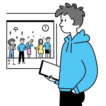 An artist, wearing a blue hoodie and black jeans, is standing on a subway platform with a sketchpad in hand. He has short, messy hair and is focused on capturing the scene in front of him. The subway train is approaching, with bright lights illuminating the platform. Passengers are waiting nearby, some looking at their phones while others are chatting. The artist's pencil moves rapidly across the page, depicting the bustling activity around him. In the background, a clock hangs on the wall, indicating the time.