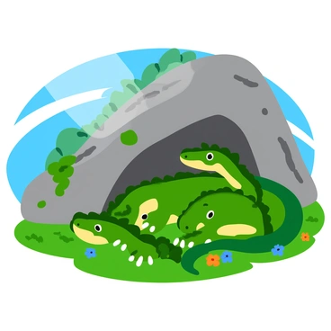 A family of iguanodons is resting together beneath a large rock formation. The iguanodons display various shades of green with detailed scales and distinct thumb spikes. Sunlight filters through the trees, casting dappled light onto the ground. The clearing is filled with lush, green grass and colorful wildflowers. One iguanodon is lying down comfortably, while others are sitting beside it, their tails intertwined. The rock formation has rough textures and moss growing on its surface, enhancing the natural setting.