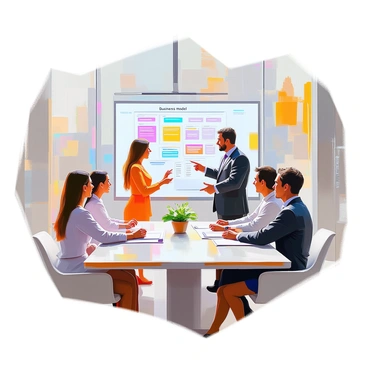 A group of four individuals, two men and two women, is gathered around a modern conference table in a sleek, well-lit conference room. The men are dressed in formal business attire, wearing dark suits and ties, while the women are in smart blouses and pencil skirts. One of the women is standing, gesturing towards a large wall-mounted screen displaying a detailed "business model canvas". The canvas is filled with colorful boxes and diagrams, outlining key components of their business strategy. The other team members are seated, attentively taking notes and looking engaged. The room features large windows with a view of a city skyline, and contemporary artwork adorns the walls, adding a professional atmosphere.