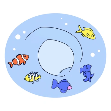 A giant whirlpool is at the center of the image, with clear blue water being pulled into its swirling depths. Around the edges of the whirlpool, a variety of colorful fish are swimming, each with distinct patterns and bright colors. The fish include a vibrant clownfish with orange and white stripes, a yellow tang with a sleek body, and a blue damselfish. The water surrounding the whirlpool is a lighter shade of blue, and small bubbles can be seen rising to the surface.