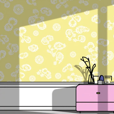 A wall covered with intricate yellow wallpaper, featuring detailed floral patterns and geometric designs. Soft evening light gently illuminates the wallpaper, creating a warm glow. Shadows from nearby furniture fall delicately against the wall, enhancing the texture of the wallpaper. The scene conveys a cozy and inviting atmosphere.