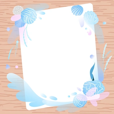 An invoice is placed on a textured wooden surface. The invoice features intricate illustrations of seashells scattered throughout the corners, each shell showcasing unique patterns and textures. Surrounding the invoice are delicate depictions of coastal scenes, including gentle waves lapping against the shore and wispy sea grass swaying in the breeze. The overall color palette consists of gradient pastel colors that evoke the tranquility of the ocean.