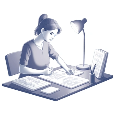 An illustrator sitting at a drawing table, focused on creating comic book panels. The artist is using a pencil to sketch detailed line art on large sheets of paper. Various art supplies are scattered around, including ink pens, erasers, and reference books. A bright lamp illuminates the workspace, highlighting the intricate designs and character expressions being developed. The illustrator's expression shows concentration as they bring their imaginative scenes to life.