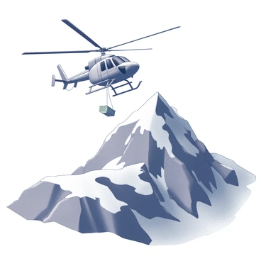 A rescue helicopter is hovering above a rugged mountain peak. The helicopter has a sleek design, with its rotor blades spinning rapidly. Below, the mountain is characterized by steep cliffs and rocky outcrops. Snow covers the highest parts of the peak, contrasting with the dark, rocky surfaces. The helicopter is positioned slightly off-center, with a rescue basket dangling from its side, ready for the mission. In the background, the sky is clouded, giving a sense of urgency to the scene.