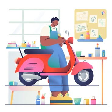 An artisan with medium skin is carefully hand-painting intricate designs on the body of a shiny red moped in a well-lit workshop. The artisan is wearing a blue apron over a white shirt and has short, curly black hair. The moped is positioned on a wooden workbench surrounded by various paintbrushes and jars of colorful paint. There are sketches of design ideas pinned to a corkboard nearby, and the walls of the workshop are adorned with tools and art supplies. The floor is made of light wood, adding warmth to the scene.