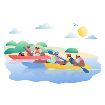 A group of four kayakers is paddling through calm coastal waters. The kayakers are wearing bright-colored life jackets and helmets. Two of them are in red kayaks, one is in a blue kayak, and the last is in a yellow kayak. In the background, there are gentle waves lapping against the shoreline, which features soft, sandy beaches dotted with green shrubs. The sky above is clear with a few scattered clouds, and the sun is shining brightly, casting reflections on the water's surface. Seagulls are flying overhead, adding movement to the scene.