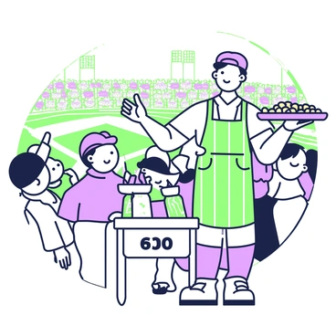 A vendor is standing in the stands of a vintage baseball game, surrounded by excited fans. The vendor is wearing a striped apron and a cap, with a warm smile on his face. He is holding a large tray filled with peanuts and assorted snacks. In front of him, a small wooden stand displays bags of peanuts, popcorn, and other treats, all neatly arranged. Behind the vendor, the baseball field is visible, where players are in traditional uniforms, and the crowd is animated, enjoying the game. The atmosphere is lively, with people chatting and children pointing towards the field.