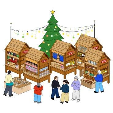 A bustling holiday market filled with colorful wooden stalls. Each stall displays a variety of handmade crafts, including knitted scarves, painted ornaments, and intricately carved wooden toys. Some stalls have tables filled with delicious treats such as gingerbread cookies, shiny candy canes, and jars of honey. People of different ages and backgrounds are walking around, happily chatting and shopping. A string of twinkling lights hangs above the market, adding a festive atmosphere. In the background, a large Christmas tree is adorned with bright ornaments and a shining star on top.