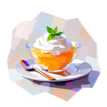 A delicious mango dessert presented in a elegant glass bowl. The dessert features vibrant yellow mango puree at the bottom, topped generously with fluffy white whipped cream. Fresh green mint leaves are placed artfully on top of the whipped cream, adding a pop of color. The bowl is resting on a simple white plate, and a small silver spoon is placed beside it, ready for serving.