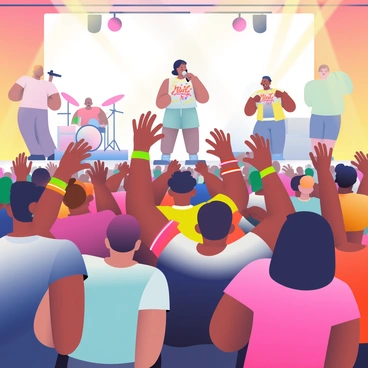 A large crowd of concertgoers is standing in a vibrant open-air venue, energetically waving their hands in the air. The people in the foreground have a diverse mix of skin tones and hairstyles, wearing colorful clothing and accessories such as band t-shirts and glowing bracelets. The audience is illuminated by bright stage lights that create a dazzling effect, casting various hues across the crowd. In the background, a band is performing on stage, with a lead singer holding a microphone and musicians playing instruments. The atmosphere is filled with excitement and energy as the concertgoers dance and cheer enthusiastically.