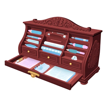 A vintage secretaire desk with intricate, ornate carvings is prominently displayed. The desk is open, showcasing neatly organized stationery neatly arranged within its compartments. Various writing instruments, including quills and pens, are placed alongside beautifully colored sheets of paper. The wood finish of the desk is rich and dark, highlighting the craftsmanship. Soft gradient pastel colors gently accentuate the details of the desk and stationery, creating a harmonious and inviting atmosphere.