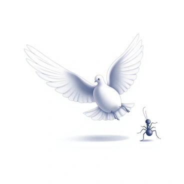 A white dove and a small ant are engaged in a ballet performance. The dove, with its wings elegantly spread, is poised in mid-air, showcasing its delicate feathers. The ant is positioned on the ground, its tiny legs perfectly aligned as it mimics the movements of the dove. The scene captures the grace and harmony between the two creatures as they dance together, emphasizing their contrasting sizes and elegant forms in a beautifully choreographed moment.