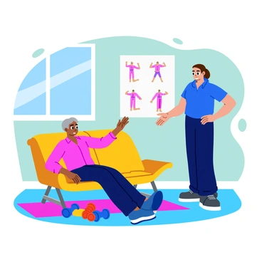 A physical therapist demonstrating scapular retraction exercises to a patient seated on a colorful exercise mat. The therapist, wearing a bright blue polo shirt, stands beside the patient, providing guidance and support. The patient, a middle-aged individual, follows the instructions, focusing on their posture with a determined expression. Exercise equipment, such as resistance bands and weights, is placed neatly on the floor nearby. A chart detailing shoulder exercises is displayed on the wall behind them, enhancing the rehabilitation setting. Natural light filters in from a nearby window, highlighting the active environment.
