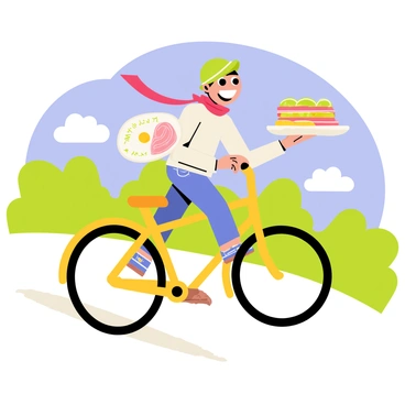 A cartoon character named "Sam-I-Am" is joyfully riding a bright yellow bicycle down a winding path. Sam-I-Am has a wide smile and is wearing a green hat and a red scarf that flows in the wind. In one hand, he is expertly balancing a large white plate stacked with "green eggs and ham." The plate is decorated with colorful patterns. Surrounding him are lush green trees and fluffy white clouds in a blue sky, creating an uplifting scene.