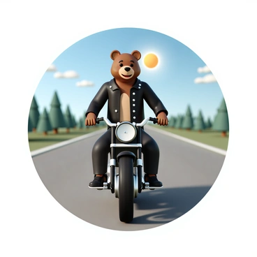 A cartoon bear, with brown fur and a friendly expression, is wearing a black leather jacket with silver studs. The bear is confidently seated on a shiny black motorcycle, gripping the handlebars. The motorcycle has chrome accents and large wheels. The open road stretches ahead, lined with green trees and a clear blue sky. The sun is shining brightly, illuminating the scene, while the bear's jacket flaps in the wind as he rides.