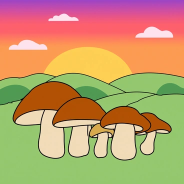 A group of various mushrooms with unique shapes and sizes, their caps creating distinct silhouettes. They are positioned prominently in the foreground of the image. Behind them, a colorful sunset sky fills the background, featuring shades of orange, pink, and purple blending together. The landscape below is gentle and rolling, with soft green hills that stretch into the distance. The scene appears tranquil, with a few scattered clouds catching the vibrant colors of the sunset.