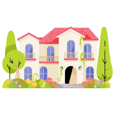 A charming southern villa with a large white exterior and a red-tiled roof. The villa features intricate wooden balconies adorned with decorative railings and climbing vines. Surrounding the villa are lush gardens filled with colorful flowers in various hues, including pink, yellow, and purple. Tall green trees provide shade, and a stone pathway leads up to the entrance of the villa, lined with blooming shrubs.