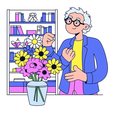 Iris Apfel is standing in her stylish home, which features modern furniture and colorful decor. She is arranging bright flowers in a decorative vase. The vase is made of glass and has geometric patterns. The flowers include vibrant roses, sunflowers, and daisies, creating a lively display. The background shows a stylish bookshelf filled with books and decorative items, enhancing the overall vibrant atmosphere of the scene.