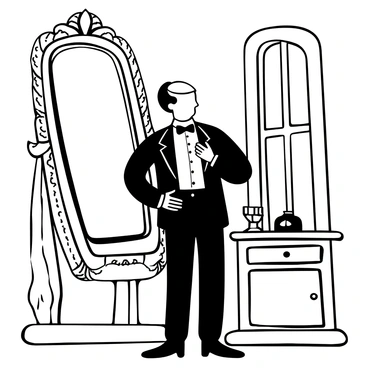 A Victorian gentleman adjusting his bow tie in front of an antique mirror