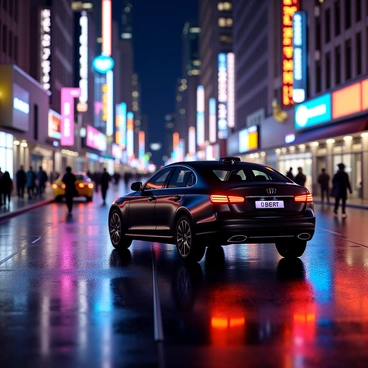 An Uber car driving through a bustling city street at night with lights reflecting on the wet pavement