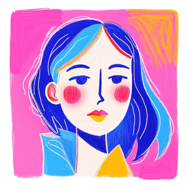 A portrait of a person features a simplified facial structure created with bold, clean lines. The eyes are represented by two simple shapes, and the mouth is a curved line. The hair is depicted with stylized shapes that flow around the head. The background is a single solid color that contrasts with the person’s skin tone. The person's expression conveys a sense of calm and serenity. The use of colors is limited to a few solid shades, emphasizing the minimalist approach.