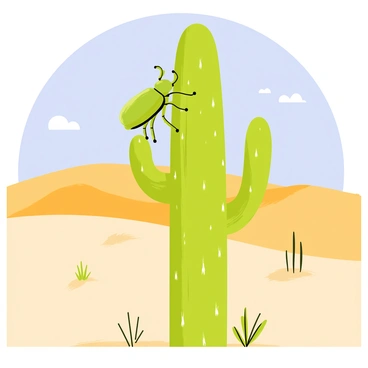 A Hercules beetle with a glossy green body and prominent horns is climbing up a tall, slender cactus. The cactus is segmented with vibrant green sections and has sharp spines protruding from its surface. In the background, a vast desert landscape stretches out, featuring rolling dunes of golden sand under a clear blue sky. A few scattered desert plants, such as small shrubs and tufts of grass, dot the sandy ground, adding detail to the arid environment. The sunlight casts sharp shadows, highlighting the textures of both the beetle and the cactus.