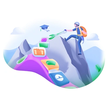 A modern pastel illustration depicting a person in climbing gear, ascending a steep mountain. The mountain is rocky and rugged, with a clear blue sky above. Along the path, there are colorful job icons serving as stepping stones, including symbols for a briefcase, a laptop, a wrench, and a graduation cap. The climber is reaching for the next stone while a small bird flies nearby, adding life to the scene.