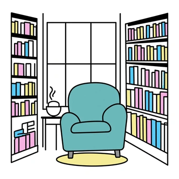 A quaint bookstore featuring wooden shelves packed with old, dusty books. The shelves are arranged against the walls and include various book sizes and colors. In the center, there is a cozy reading nook with a plush armchair in deep green fabric. A small wooden side table is next to the chair, holding a steaming cup of tea. Soft light filters in through a nearby window, casting gentle shadows across the floor. A small rug lies under the chair, adding to the warmth of the space.