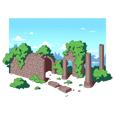 A set of ancient stone ruins is partially covered in green vines and various types of lush vegetation, creating a natural contrast with the weathered stone. The ruins consist of crumbling walls and broken columns, hinting at a once grand structure. Sunlight illuminates the scene, casting shadows that enhance the texture of the stone and the greenery. Above, a clear blue sky stretches endlessly, with no clouds in sight, emphasizing the serenity of the landscape.