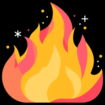 A large inferno with bright orange and red flames dancing energetically. The fire has swirling patterns with some snowflakes gently falling and mixing into the flames, creating a striking contrast. The snowflakes are white and delicate, reflecting light as they intertwine with the vivid colors of the fire. The background is dark to highlight the intense brightness of the flames and the soft, shimmering snowflakes.