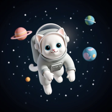 A ragdoll cat wearing a silver astronaut suit, with a transparent helmet, is floating in space. Its blue eyes are wide with curiosity as it glides weightlessly. In the background, there are several colorful planets, including a bright red planet and a blue and green planet, surrounded by twinkling stars scattered across the dark expanse of space. The cat's white fur contrasts beautifully against the vast, starry backdrop.