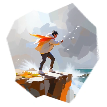 A person standing on the edge of a rugged cliff, battling against a powerful wind. The individual has short, tousled hair and is wearing a thick jacket that flutters dramatically in the gusts. Their face shows a look of determination and bravery as they lean slightly forward, bracing against the force of the wind. The rocky cliff is textured with patches of grass and moss, while the expansive sky above is filled with dark storm clouds swirling with energy. Small gusts of debris are caught in the air, emphasizing the strength of the wind.