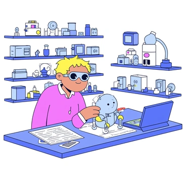 A young inventor is focused on a small robot on a workbench in a cluttered lab filled with various gadgets. The inventor has short, messy hair and is wearing safety goggles. The lab features shelves overflowing with tools, wires, and small mechanical parts. There are blueprints and sketches scattered around the workspace. The robot on the workbench is a simple design with a round body and metallic limbs. Papers and an open toolbox lie nearby, adding to the busy atmosphere of invention.