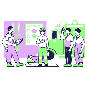 A fire department team is practicing CPR techniques together in their station. In the center of the scene, a lifelike mannequin is positioned on a mat. One firefighter, wearing a uniform and a helmet, is demonstrating chest compressions on the mannequin, while two other team members observe closely. One of the observers is taking notes on a clipboard, and the other has a stopwatch in hand, ready to time the demonstration. The walls of the station are adorned with various firefighting equipment, including hoses and helmets, while a large poster depicting CPR steps is visible in the background. A fire engine is parked in the corner, adding context to the environment.