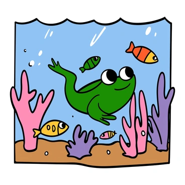 A frog with bright green skin and large eyes is swimming gracefully underwater. Surrounding the frog are several small, colorful fish, each with distinct patterns and hues. The scene is filled with vibrant coral formations in various shades of pink, purple, and orange, creating a lively underwater landscape. Sunlight filters through the water, creating shimmering reflections on the sandy bottom. The frog is diving among the coral, showcasing its agility and the harmony of the marine environment.