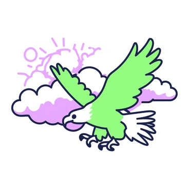 An eagle is soaring high in the sky, with its wings fully spread. The eagle features a sharp beak and strong talons, emphasizing its majestic presence. Fluffy clouds are present in the background, shaped in intricate forms. The sun is partially visible, casting rays that create a sense of grandeur. The scene captures the freedom and elegance of the eagle as it glides effortlessly among the clouds.