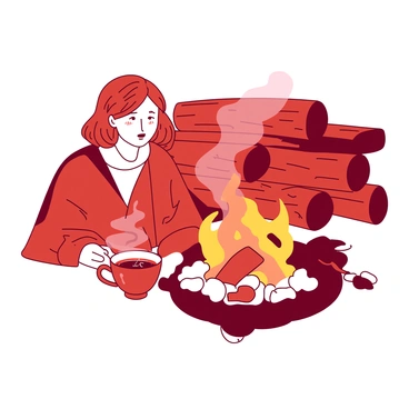 A red steaming cup of tea is being held by a hand of a person sitting comfortably near a warm orange fire. The person is wrapped in a cozy blanket, and the flickering flames cast a gentle glow on their face. The background features an array of wood logs stacked neatly beside the fire, creating a rustic atmosphere. The steam rises from the cup, swirling softly in the air, adding to the inviting warmth of the scene.