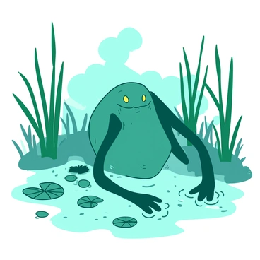 A teal mysterious swamp creature is emerging from the misty waters, its skin glistening as droplets of water slide off its form. The creature has elongated limbs and glowing yellow eyes that pierce through the fog. Surrounding it are tall green reeds swaying gently, casting long shadows on the water's surface. The mist curls around the creature, creating an ethereal atmosphere, while scattered lily pads float nearby, adding to the sense of depth in the scene.