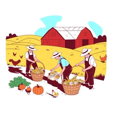 A red barn stands prominently in the background, surrounded by rolling fields of golden wheat ready for harvest. In the foreground, a group of farmers in straw hats are working diligently, collecting ripe crops and placing them into large wicker baskets. The sun casts bright rays over the scene, illuminating the farmers’ focused faces. Scattered across the field are various crops, including orange pumpkins and green leafy vegetables. A few chickens roam freely in the background, adding life to the vibrant farm atmosphere.