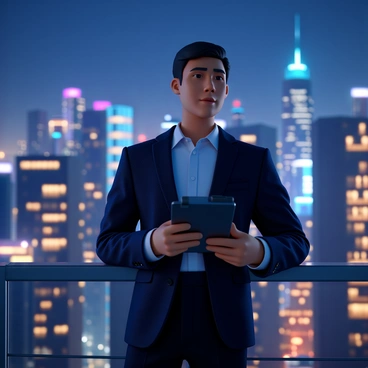 A visionary leader with a confident expression, wearing a tailored navy blue suit and a crisp white shirt. They have short, neatly styled hair and are standing on a balcony overlooking a futuristic city skyline. The skyline is filled with sleek, high-rise buildings with glass facades, illuminated by vibrant neon lights. The leader is gazing thoughtfully into the distance, with one hand resting on the railing and the other holding a digital tablet displaying complex data and analytics. The sky is a deep twilight blue, adding to the ambience of innovation and ambition.
