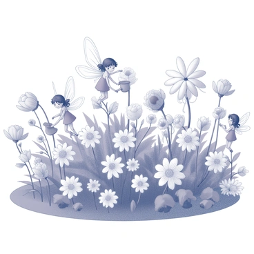 A garden filled with various flowers in full bloom. Numerous tiny fairies are present, each with delicate wings, tending to the flowers. Some fairies are watering the plants with small watering cans, while others are pruning leaves or arranging petals. The flowers have intricate details, showcasing different shapes and sizes. The fairies exhibit a range of expressions as they work diligently among the plants, creating a lively atmosphere in the garden.