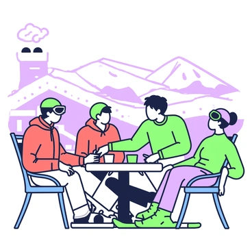 A group of skiers is relaxing on the wooden deck of a lodge located in snowy hills. Some skiers are seated at a round table, wearing ski goggles and sunglasses, and holding warm drinks. One skier, wearing a bright red jacket, is leaning back in a chair, while another, dressed in a green sweater, is laughing and telling a story. In the background, snow-capped hills are visible, and soft, fluffy snowflakes gently fall around them. The lodge is constructed with logs and has a stone chimney, with smoke wafting from it into the crisp air.