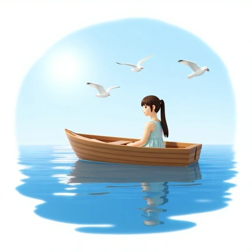 Ichinose, a girl with long brown hair tied in a ponytail, is sitting in a small wooden boat gently swaying on a calm sea. She is wearing a light blue sundress with a floral pattern. The sun is shining brightly, casting soft reflections on the water's surface. Seagulls are flying overhead, their wings spread wide against the clear blue sky. The boat is surrounded by a serene atmosphere with the gentle waves lapping at the sides.