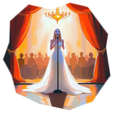 A ghostly opera singer, dressed in a flowing white gown with delicate lace details, stands center stage on a lavish Victorian theater stage. Her long, pale hair cascades down her shoulders, and her translucent skin glows softly in the dim light. She holds a vintage microphone, and her mouth is open as if belting out a haunting melody. Surrounding her is an ethereal audience, depicted as shadowy figures in elegant Victorian attire, their faces barely visible, creating an aura of mystery. Rich velvet curtains frame the stage, and ornate chandeliers hang overhead, casting a warm glow over the scene. The floor is polished wood, reflecting the light and the ghostly presence of the singer.