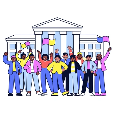 A diverse crowd of people stands enthusiastically in front of a large government building. Individuals of various ethnicities can be seen, each expressing joy and excitement. Some are waving colorful flags high above their heads, while others raise their hands in celebration. The government building features tall columns and large windows, providing a grand backdrop to the lively scene. People are dressed in casual clothing, showcasing a variety of styles and colors. The atmosphere is vibrant and filled with energy.