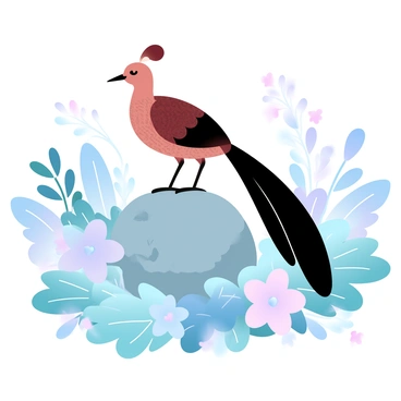 A lyrebird is perched elegantly on a large, textured stone. The bird's feathers display a rich combination of browns and blacks with intricate patterns. Surrounding the stone is a vibrant garden filled with a variety of lush plants and flowers in soft pastel colors. Delicate blossoms are scattered throughout, adding pops of color against the greenery. The garden has a gentle winding path that leads the viewer’s eye through the vivid landscape, enhancing the tranquil atmosphere. The scene is softly illuminated, creating a peaceful and inviting environment.