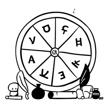 A large wheel prominently displayed, divided into several sections. Each section features a distinct symbol representing different languages and cultures, such as a stylized character from Arabic, a hieroglyphic from ancient Egyptian writing, an alphabet letter from Greek, and a decorative motif from Native American art. The wheel has a sturdy wooden frame, with intricate details carved into the edges. Surrounding the wheel, there are small, scattered items like scrolls, quills, and ink pots, emphasizing the theme of communication and cultural expression.