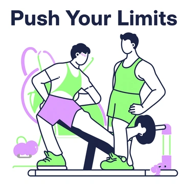 A motivational poster showcasing a person completing a set on a leg curl machine. The individual has a determined expression, sweat glistening on their forehead. They are wearing a fitted workout shirt and shorts, their muscles clearly defined. The leg curl machine is depicted with clear details, including padded supports and visible weight stacks. In the background, there are gym elements like dumbbells and a mirror reflecting part of the scene. Above the person, the words ““Push Your Limits” are displayed in bold letters.