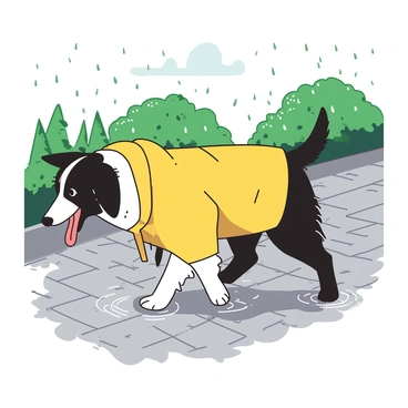 A border collie wearing a raincoat walking through puddles during a gentle rain